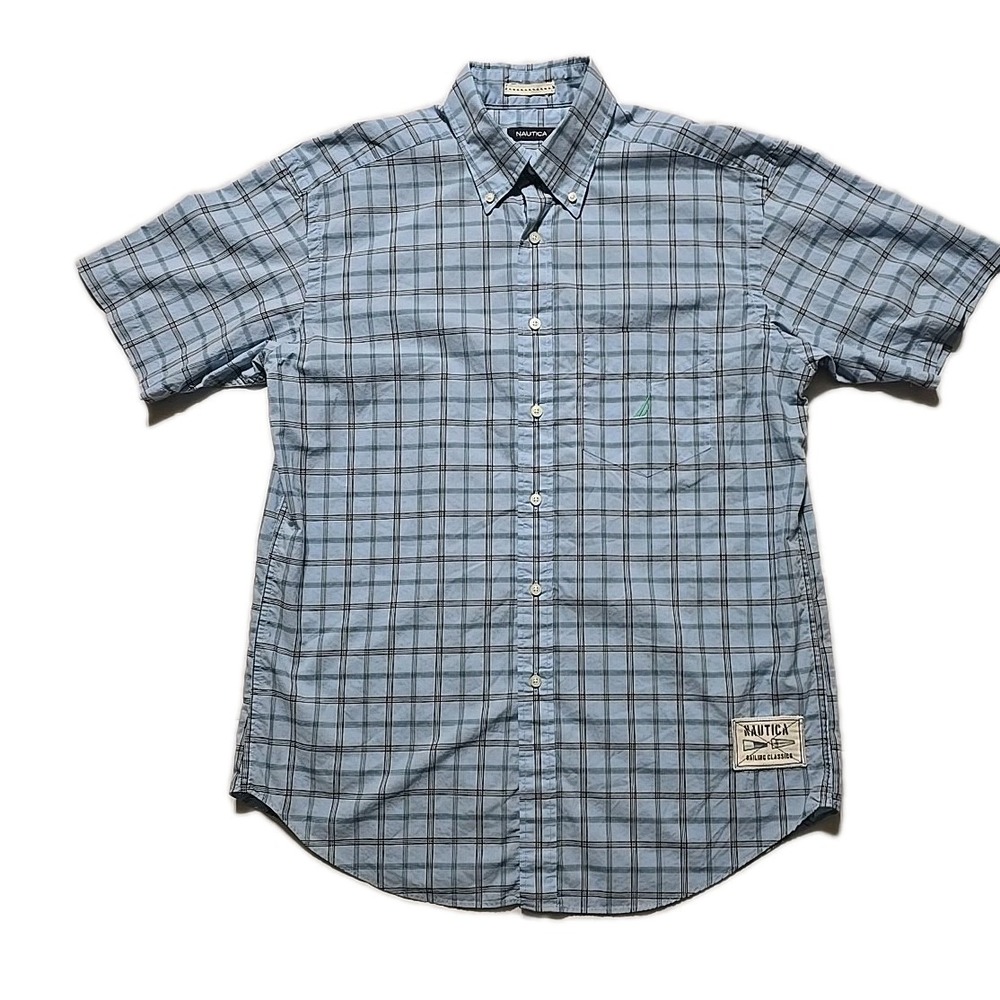 Nautica Mens Large Sailing Blue Plaid Button Down Short Sleeve Shirt